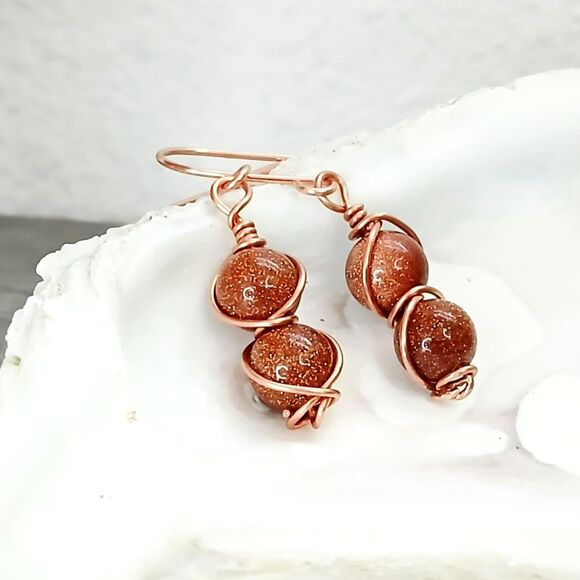 Boho Chic Goldstone Beaded Dangle Earrings, Copper Jewelry 1.5" - Picture 1 of 4
